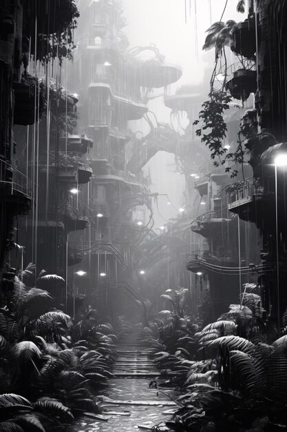 Photo surreal world alien planet cyberpunk city steampunk village black and white fantasy