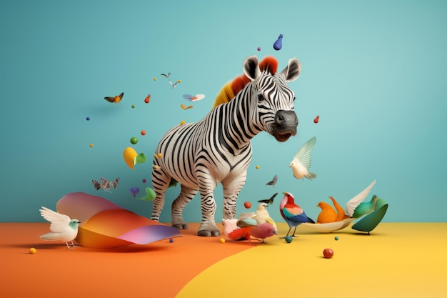Photo surreal zebra with colorful birds