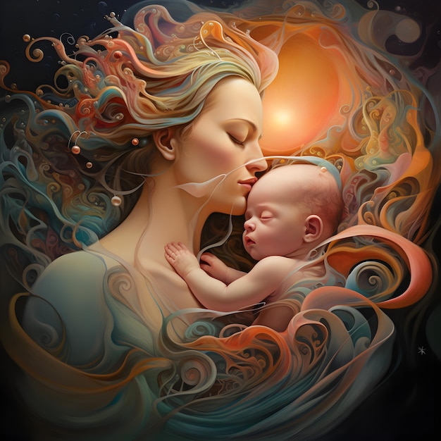 Surrealism art of mom with baby