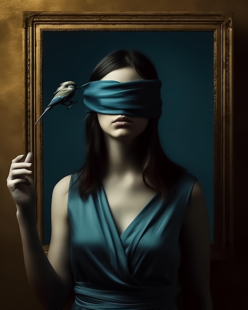 A surrealism art portrait blindfolded woman out of wall frame fashion photography