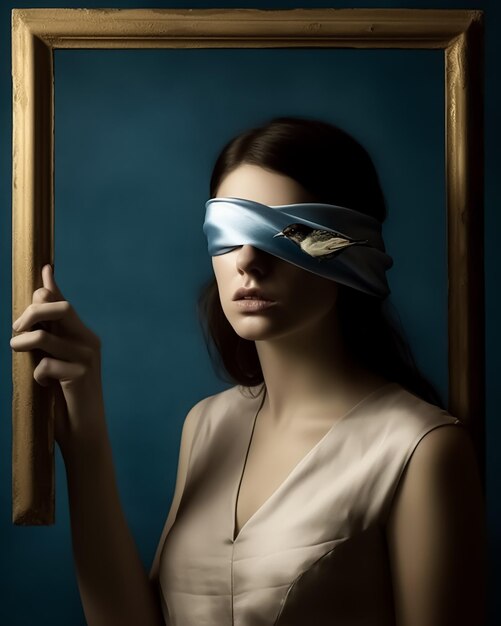 Premium AI Image  A portrait of blindfolded woman with birds fashion  photography