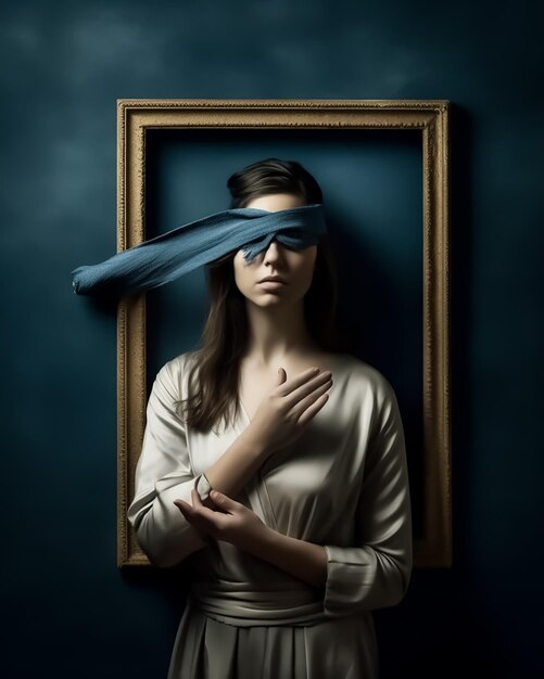 Premium AI Image  A portrait of blindfolded woman with birds fashion  photography