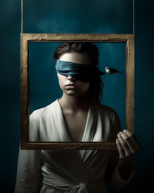 Premium AI Image  A portrait of blindfolded woman with birds fashion  photography