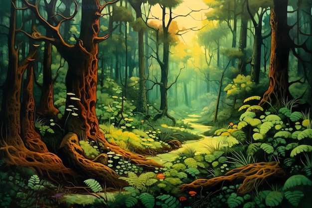 A surrealism forest with warm tones