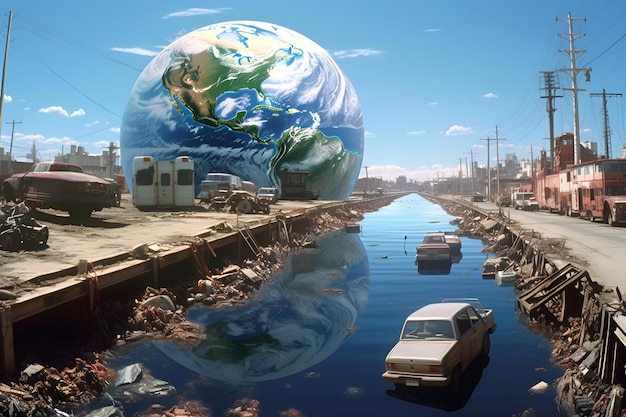 Surrealism image of global warming destruction of the planet post apocalypse generated by AI