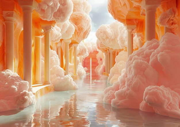 Foto pittura surrealista di un colonnato classico con nuvole e acqua