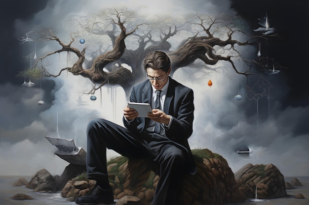 surrealism painting of man and gadget