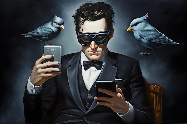 surrealism painting of man and gadget