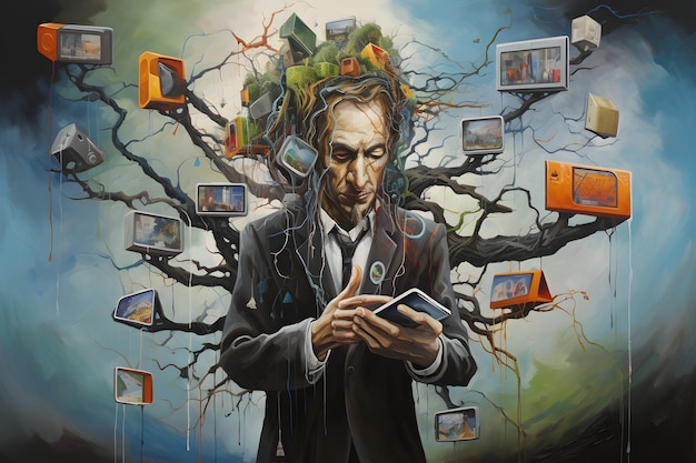 surrealisme schilderij van man en gadget