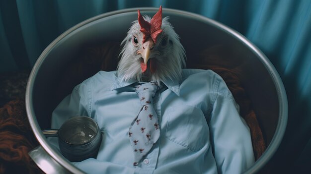 Photo surrealist chicken head in corporate punk style stereotype photography and felinecore