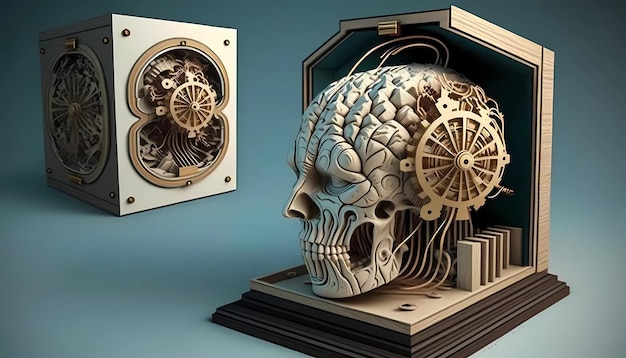 A surrealist piece that fuses the brain with an elaborate clockwork mechanism digital art illustration