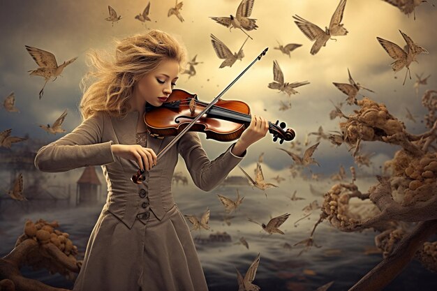 An Surrealist Symphony Violinist Conjuring Birds