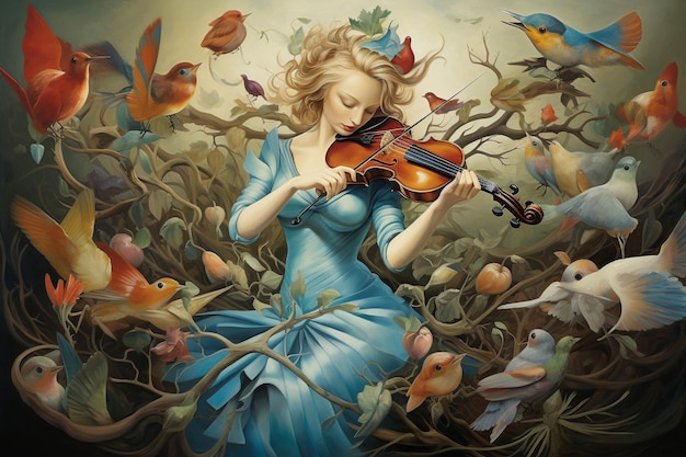 An Surrealist Symphony Violinist Conjuring Birds