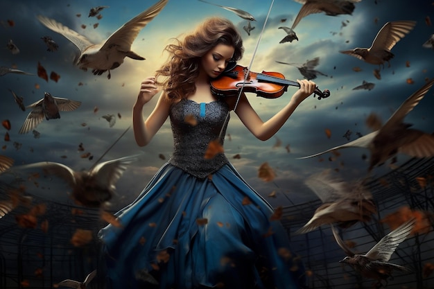 An Surrealist Symphony Violinist Conjuring Birds