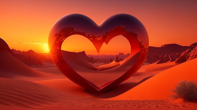 A surrealistic 3d rendering of a heart shaped desert with a fiery sunset