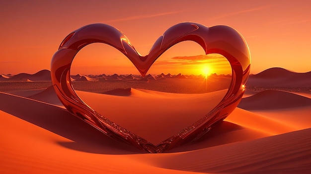 A surrealistic 3d rendering of a heart shaped desert with a fiery sunset