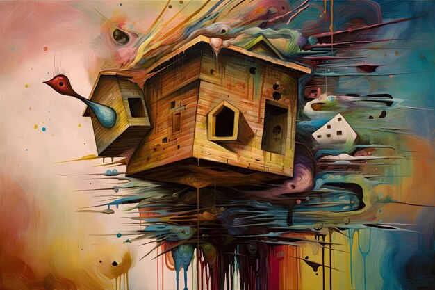 Surrealistic birdhouse surrounded by abstract painting