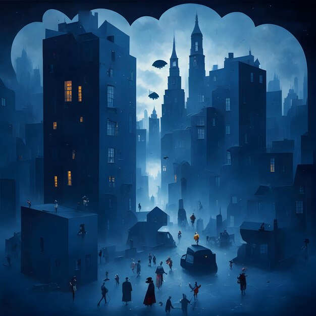 surrealistic cartoon image of the strange city with people on the ground at dark blue sky