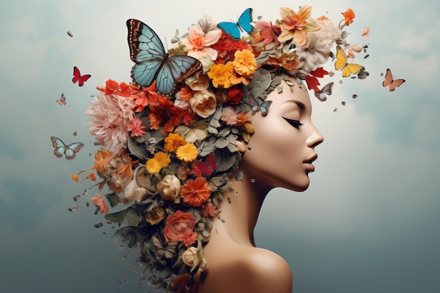 Foto collage surrealistico arte astratta ritratto floreale di donna sfondo in psd ar 32