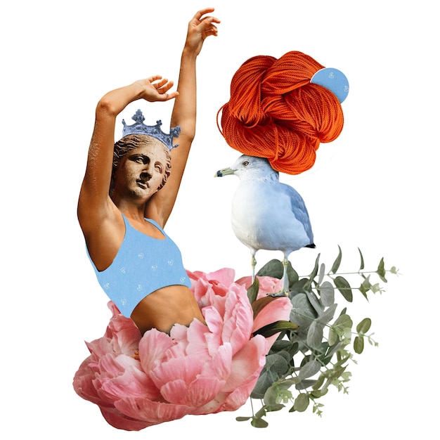 Foto illustrazione surreale di un collage di una donna che balla all'interno di un fiore di peonia con una corona