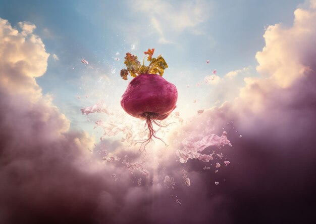 Photo a surrealistic composition of a beetroot floating in midair surrounded by a dreamy atmosphere the