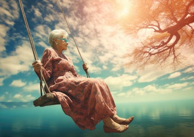 A surrealistic composition of an elderly woman sitting on a swing suspended in midair above a