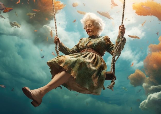 空中に吊り下げられたブランコに座る年配の女性の超現実的な構図