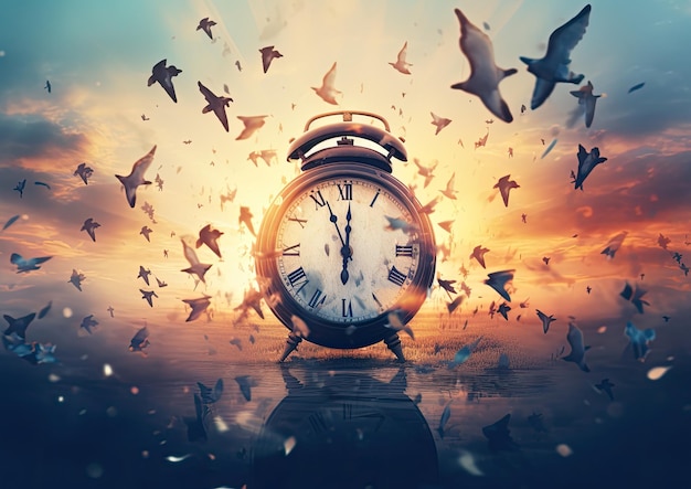 A surrealistic composition featuring a timer clock floating in a cloudy sky surrounded by flying