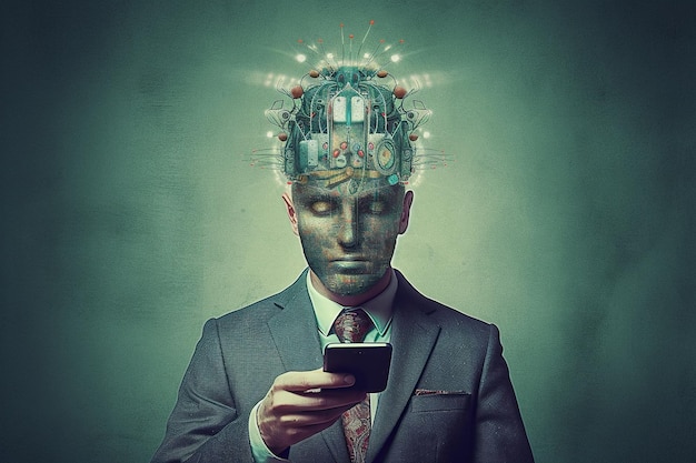 Сюрреалистическое изображение человека с сильным пристрастием к гаджетам и интернету Генеративный ИИ