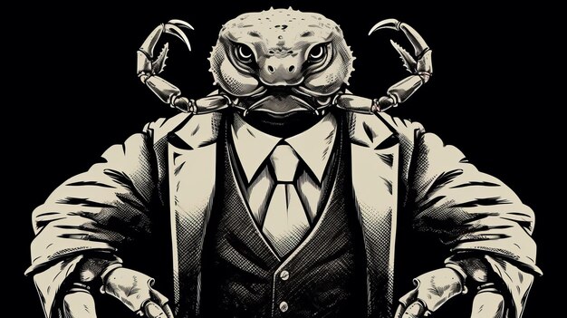 Photo surrealistic futuristic detective crab face in gritty horror comics style