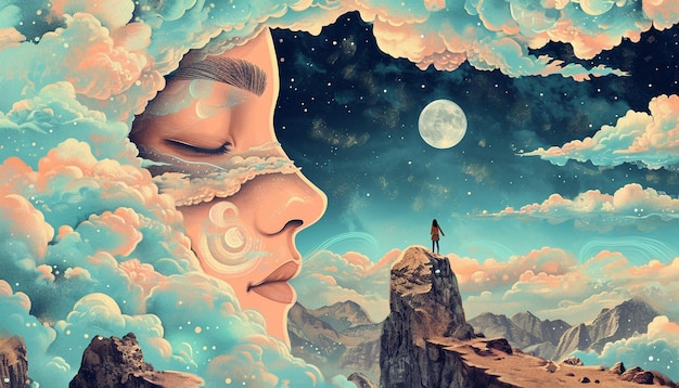 Photo a surrealistic illustration showing women in a dreamlike landscape