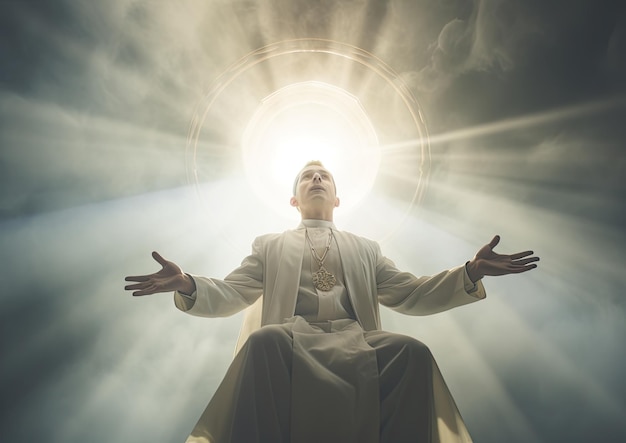 A surrealistic image of a clergyman floating in midair surrounded by a halo of light the image