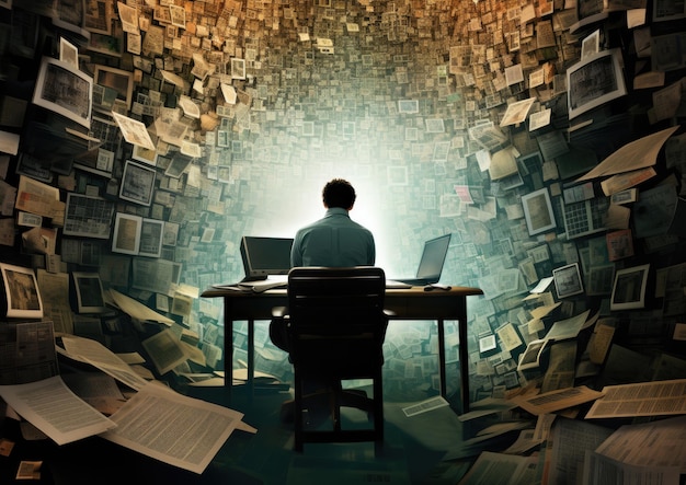 A surrealistic image of an editor surrounded by floating words and phrases related to editing such