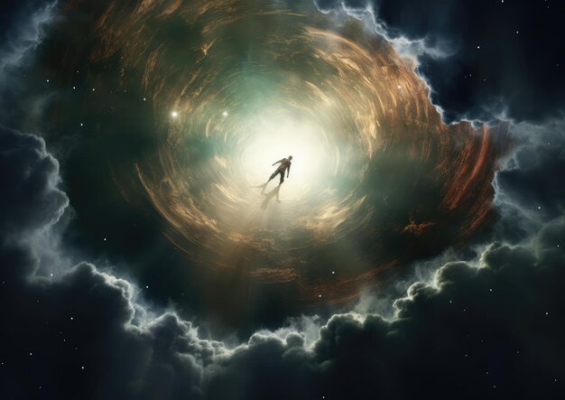 Photo a surrealistic image of an explorer floating in midair surrounded by a swirling vortex of clouds