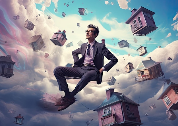 A surrealistic image of a landlord floating in midair surrounded by floating houses and