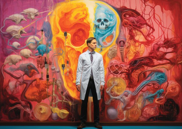 Foto un'immagine surreale di un patologo in piedi di fronte a un muro ricoperto di vibranti astratti