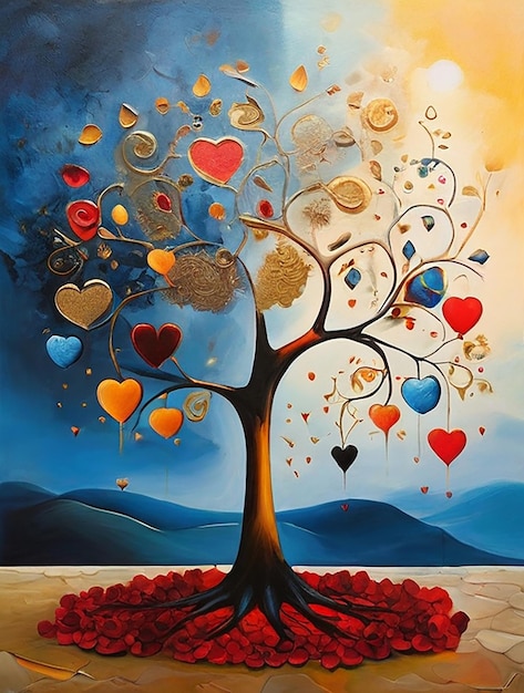 Photo surrealistic image of a tree of life with petals of hearts happy valentine day