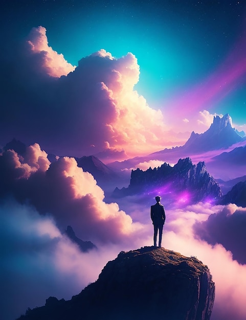 A surrealistic landscape of a figure standing atop a mountain of clouds