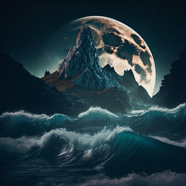 Surrealistic Landscape of moonlight cliff and waves