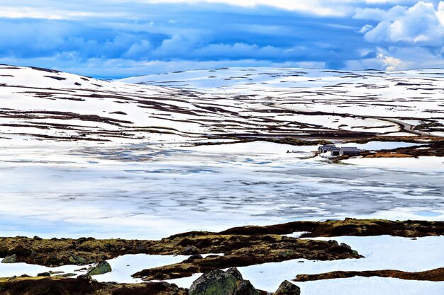 Surrealistic landscape: mountains, lake and land in Scandinavia