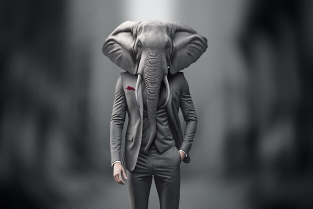 Surrealistic male businessman in suit with elephant head modern design magazine style leader strong character alpha male Copy space 3D illustration 3D rendering