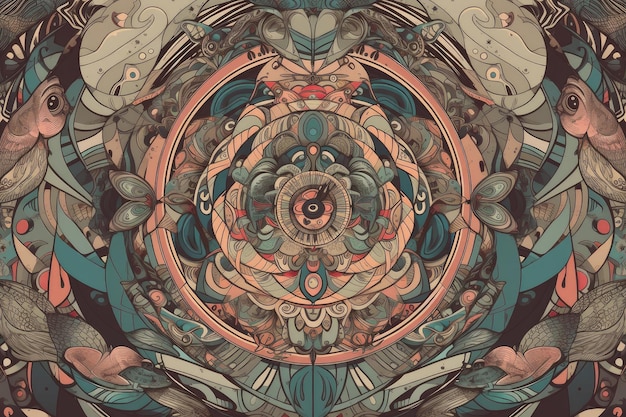 Surrealistic mandala with its geometric shapes and lines transforming into otherworldly creatures