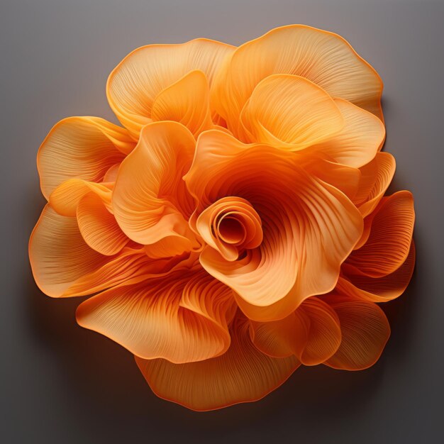 Photo surrealistic orange paper flower with delicate shading and translucent resin waves