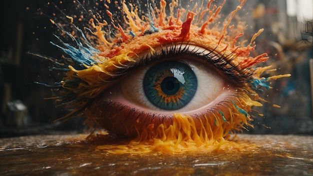 A surrealistic painting of a human eye with a 3D paint explosion in the background