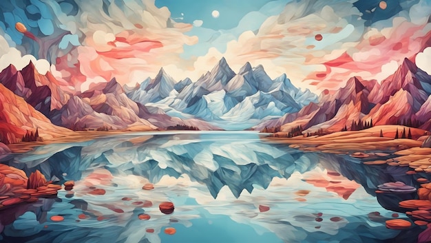 A surrealistic painting of a lake surrounded by a kaleidoscope of mountains illustration