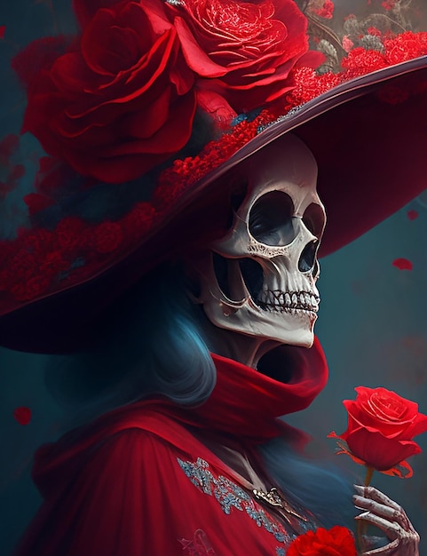 A surrealistic painting of a skull head old witch