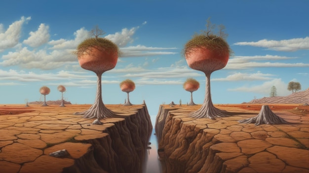 Surrealistic painting of two trees in desert with spherical sculpture style