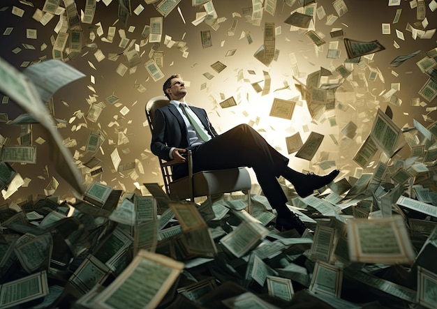 Foto una fotografia surreale di un banchiere che galleggia a mezz'aria circondato da pile di soldi e