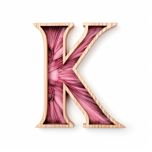 Photo surrealistic pink wooden letter k on white background