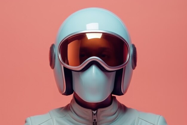 Surrealistic portrait of a male racer wearing a retro helmet on a pink background